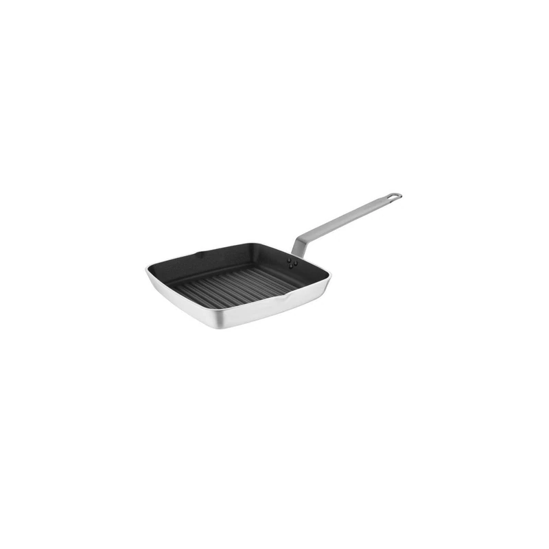 Vogue Square Non Stick Ribbed Skillet Frying Pan 24 cm, Silver, Teflon Coated Aluminium Skillet Pan, Size: 41(H) x 240(W) x 240(D) mm, DL942 - Image 1
