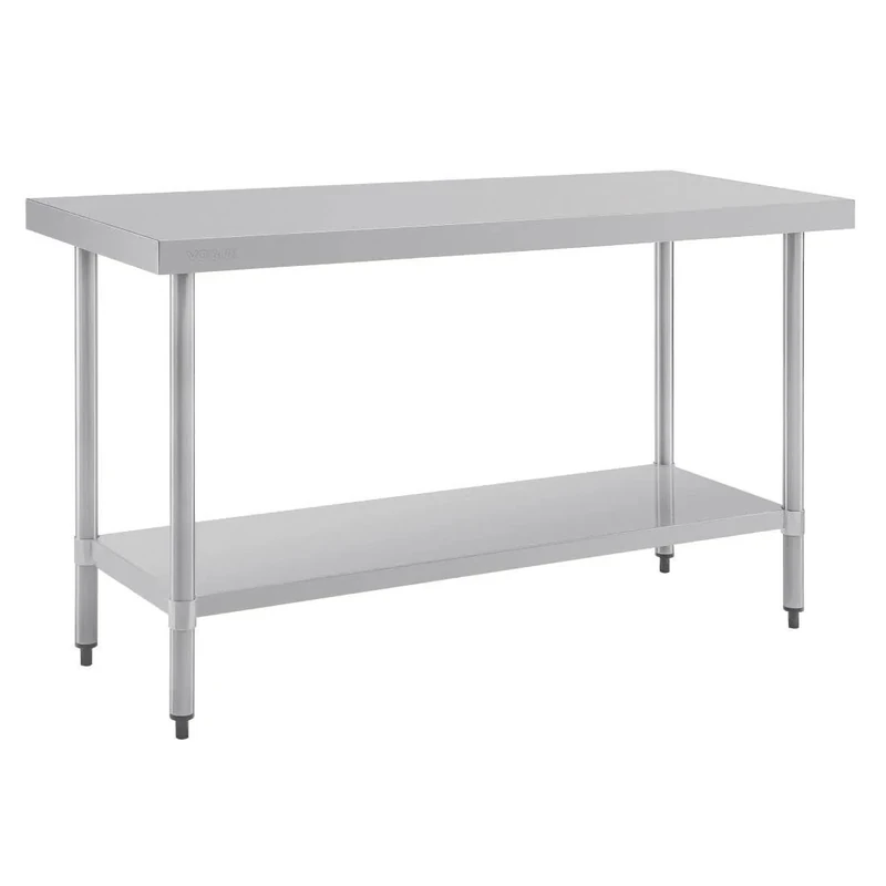 Vogue Stainless Steel Food Prep Table 1500 mm, Polished Stainless Steel Table, Flat Packed Self Assembly, Size: 900(H) x 1500(W) x 600(D)mm, Height Adjustable Shelf, T377
