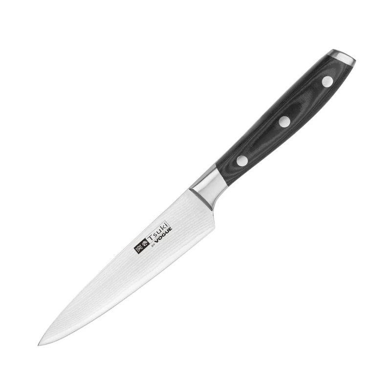 Vogue Tsuki Series 7 Utility Knife 12.8cm - Vegetable Chopping Slicer Knife Black - Damascus Steel for a Sharp and Durable Blade CF892