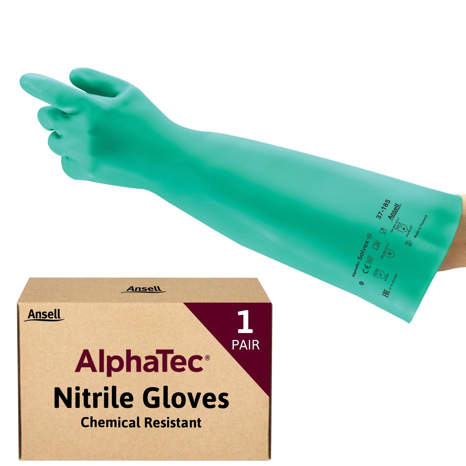 Ansell AlphaTec 37-185 Chemical-Resistant Nitrile Gloves, Liquid and Splash Protection, Food-Handling, Silicone and Latex-Free Work Glove, Waterproof, Reusable, Green, Size M (1 Pair)
