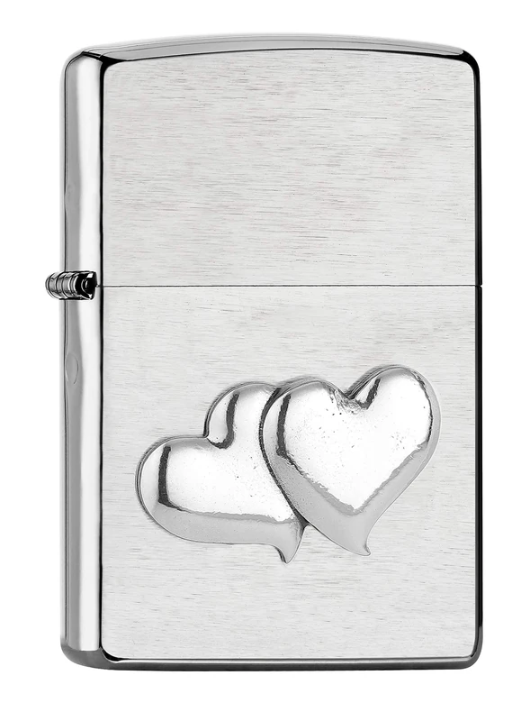 Zippo Windproof Lighter - Dubble Heart - Chrome Brushed, Mini Emblem - Refillable, Lifetime Use - Adjustable Flame - Gift Box - Metal Construction - Made in USA