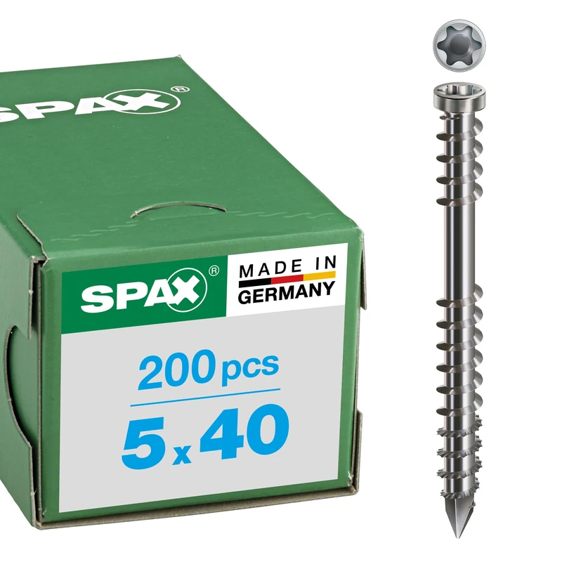 SPAX Decking screw, 5 x 40 mm, 200 pieces, Fixing thread, cylindrical head, T-STAR plus T25, CUT point, stainless steel A2-0537000500403
