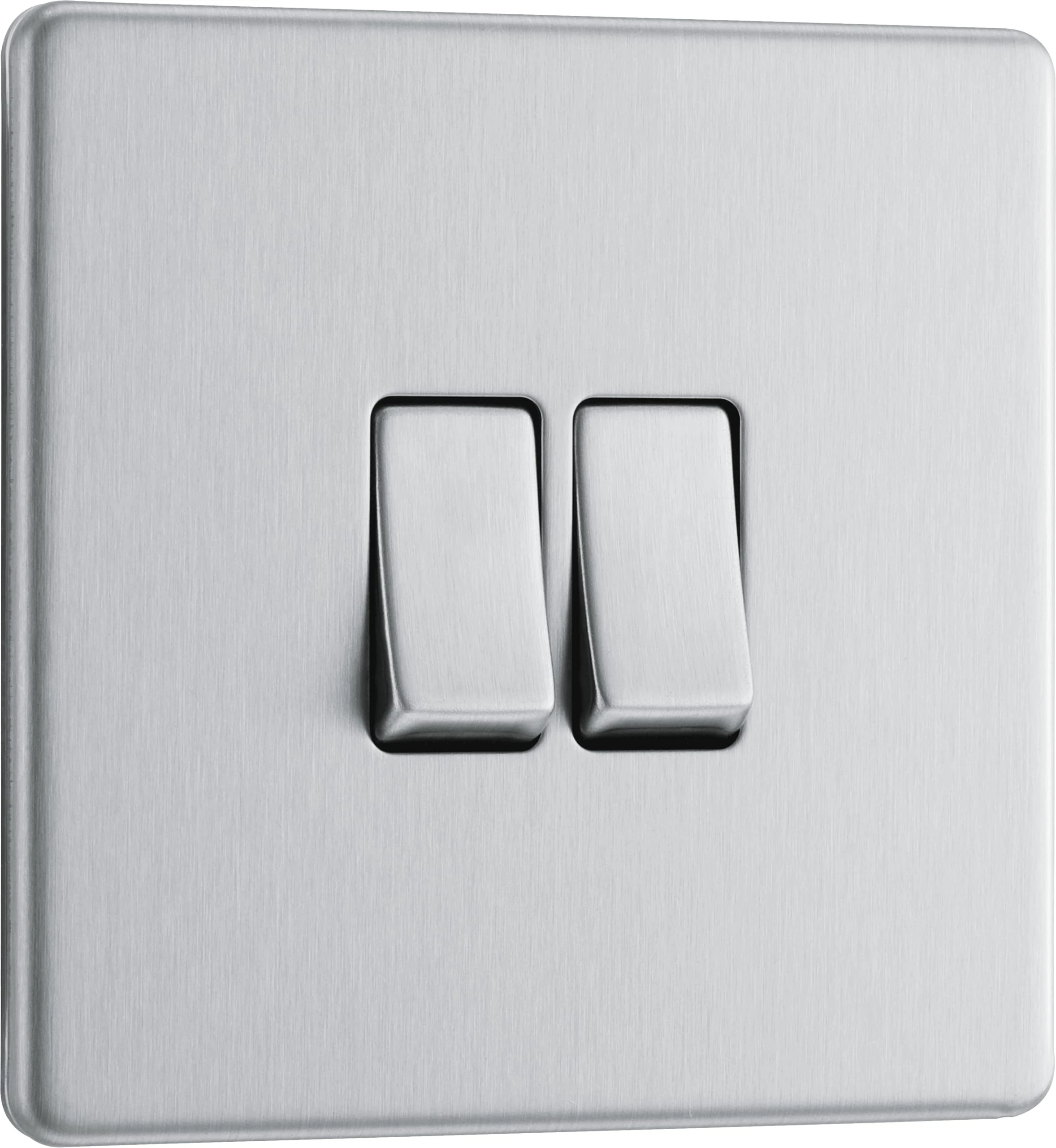 BG Electrical Double Wall Light Switch, 2 Way, Screwless Front Plate, Slim Profile, Premium Flatplate, Brushed Steel, 20A, 16AX, FBS42