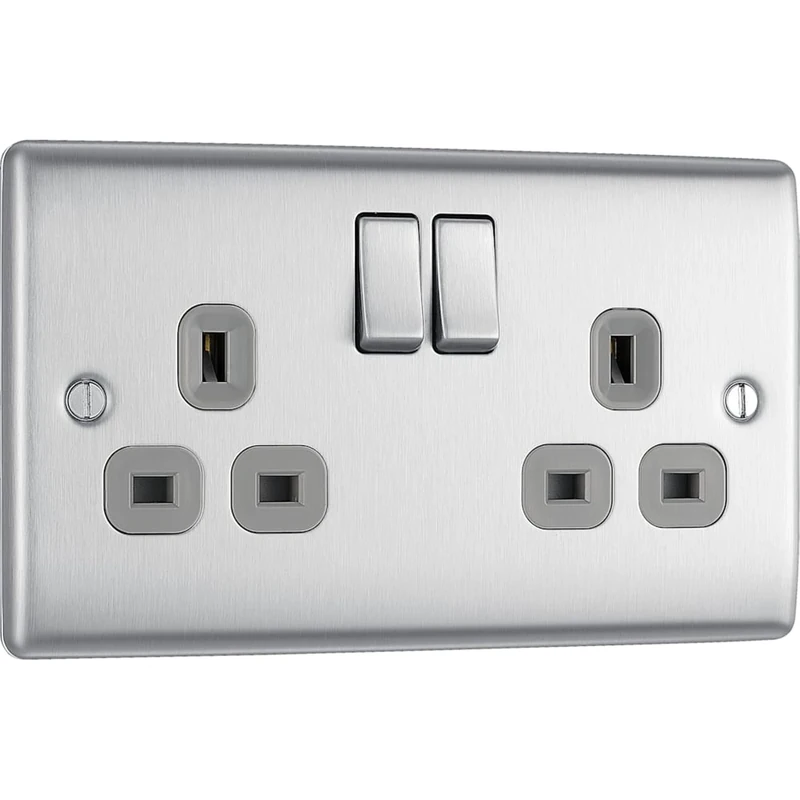 BG Electrical Double Switched Power Plug Wall Socket, Nexus Metal, Brushed Steel, Grey Inserts, 13A, NBS22G