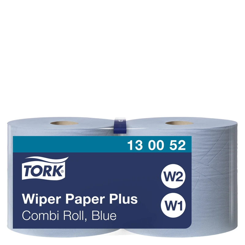 Tork 130052 Wiping Paper Plus Combi Roll / Wiping Paper Rolls Suitable for W1 and W2 Wipers System Dispensers / Extra Strong Paper Towel Roll / Blue / 2 x 255m / Ø 26.2cm