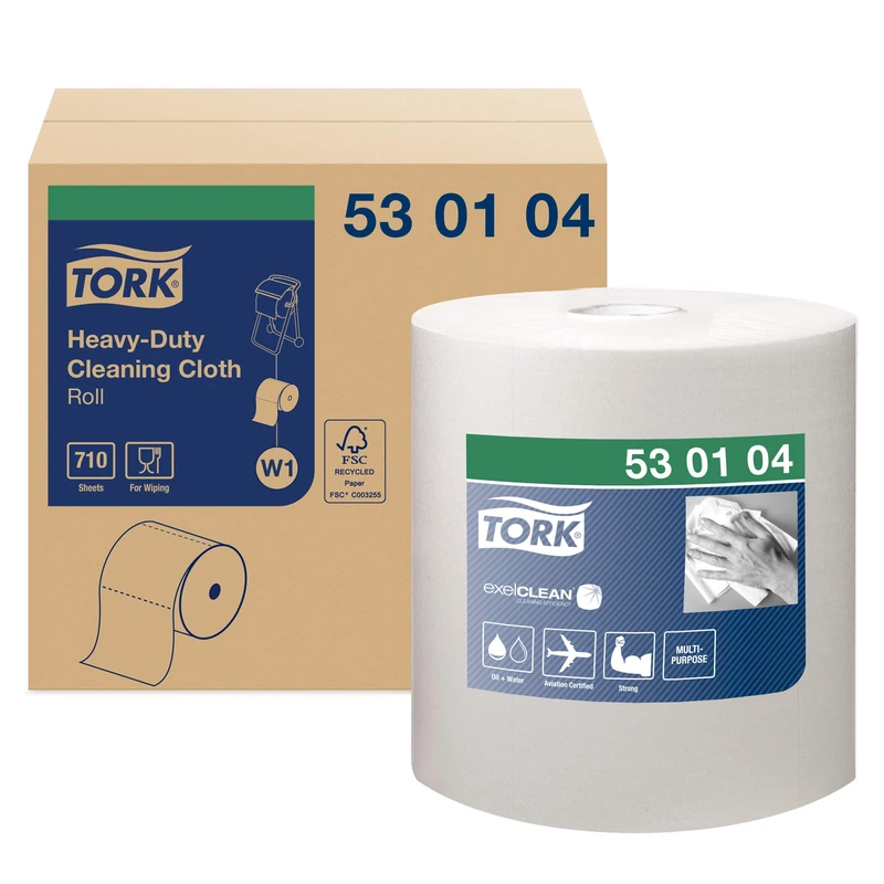 Tork 530104 Heavy-Duty Cleaning Cloth / 1 Ply Multipurpose Disposable Cotton Towel Suitable Suitable for W1 Wipers System / White / 1 x 269.8m / Ø 38cm