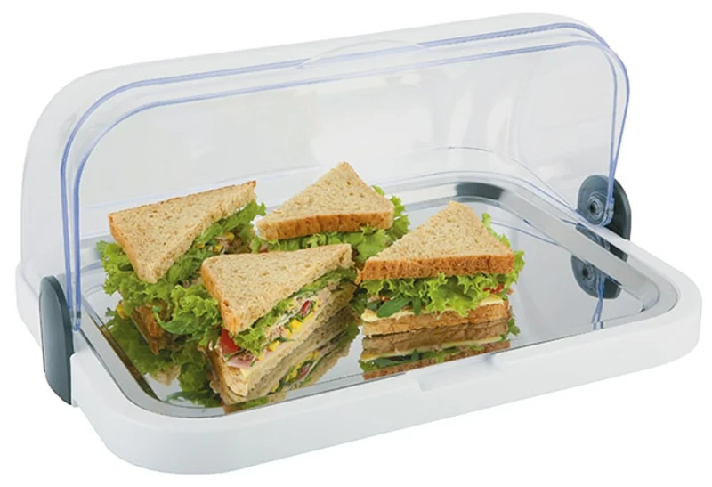 APS Buffet Display Case - Hinged on Both Sides Transparent Roll Top Hood, One Bowl, One Rustproof Stainless Steel Tray and Two Cooling Batteries - Made in Germany