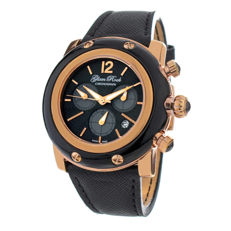 Glam Rock Women's Miami Chronograph Black Dial Saffiano Leather Strap, Strap