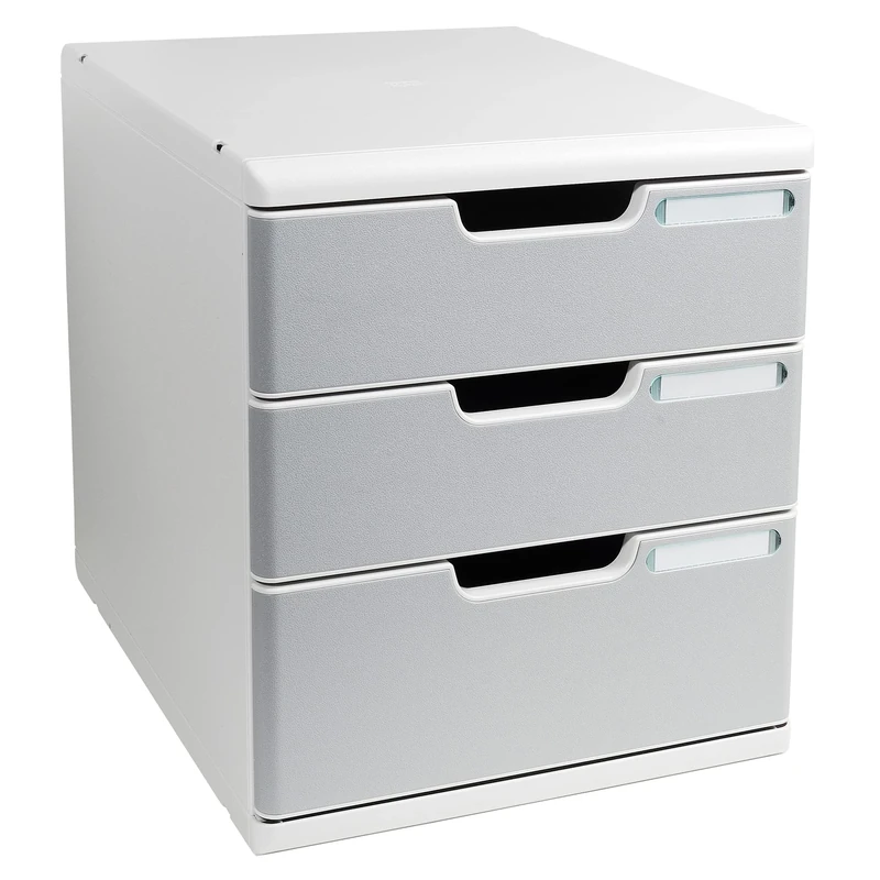 Exacompta - Ref 325041D - Modulo A4 Office - 350 x 288 x 320mm in Size, 3 Closed Drawers (110 + 82mm Height), Smooth Opening with Stop, Label Holders - Light Grey/Stone Grey