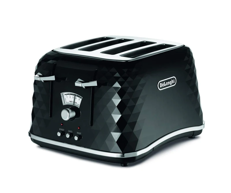 De'Longhi Brilliante 4-slot toaster, reheat, defrost and 6 browning settings, removable crumb tray, CTJ4003BK, Black