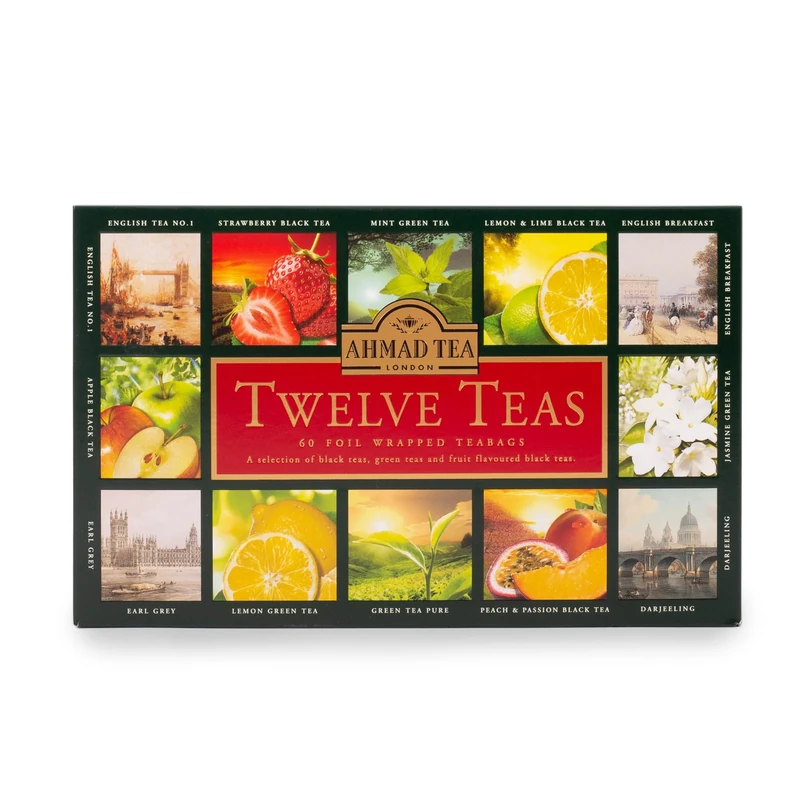 Ahmad Tea Gifts | Twelve Teas Selection Pack | Black teas, Green teas, Fruit teas | Perfect tea gift | 60 Teabag Sachets | 12 Flavours
