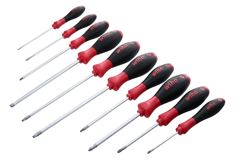 Wiha 30290 SoftFinish Grip Screwdriver Set, Slotted 3.0-6.5, Phillips Number 0-2 and Square Number 1-3, 10-Piece Set