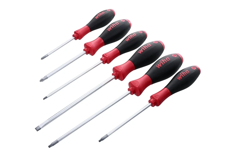 Wiha 30291 SoftFinish Grip Screwdriver Set, Slotted 4.5-6.5mm, Phillips Number 1-2 and Square Number 1-2, 6-Piece Set