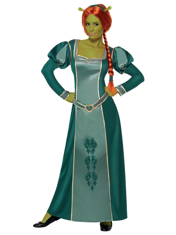 Smiffys Shrek Fiona Costume Adult, Green Dress, Wig & Headband, Official Shrek Princess Outfit with Plaited Wig, Fiona Dress & Matching Headband, Ideal Halloween Costume or Themed Party - Image 1