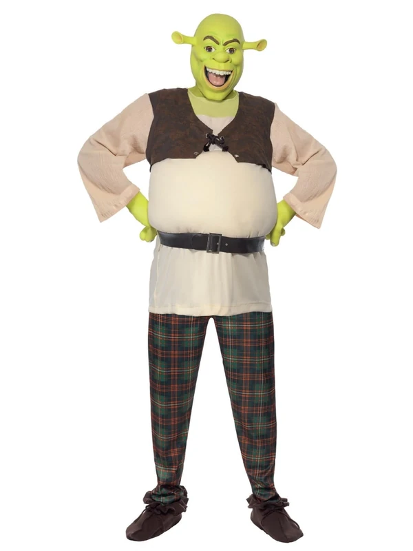 Smiffys Shrek Adult Costume in Green, Top, Trousers, Hands & Mask, Official Shrek License Outfit with Padded Stomach & Latex Mask & Gloves, Transform into the Beloved Ogre!