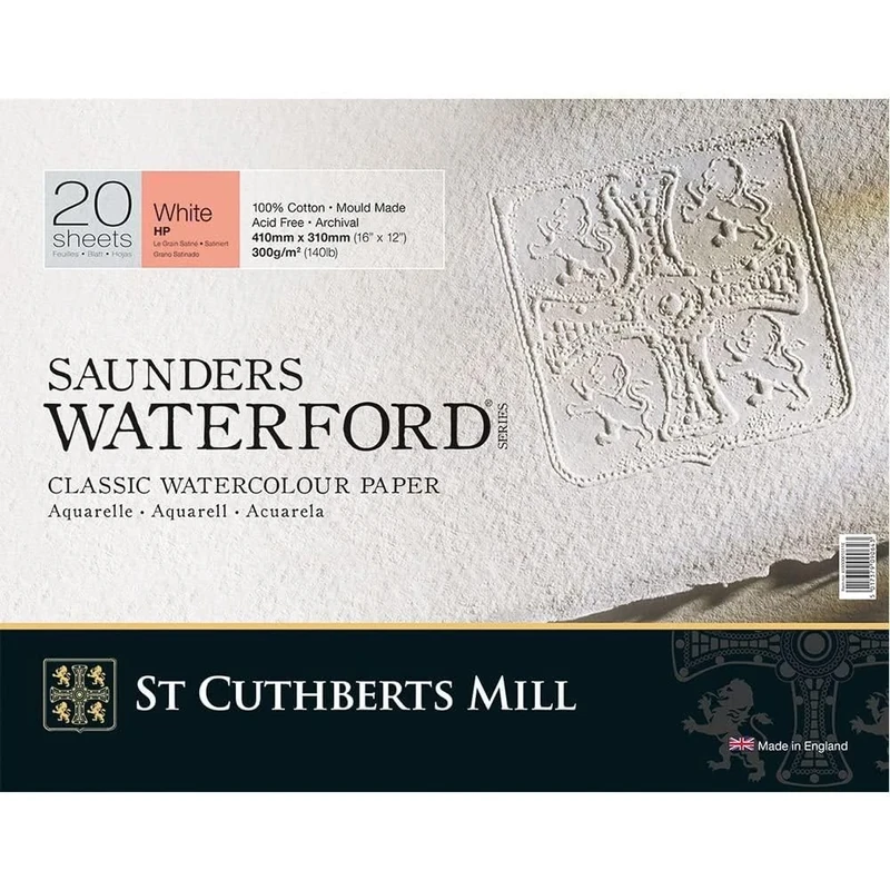 St Cuthberts Saunders Waterford Hot Pressed Block White 300gsm 410 x 310mm, 20 Sheets, Professional Watercolour Paper