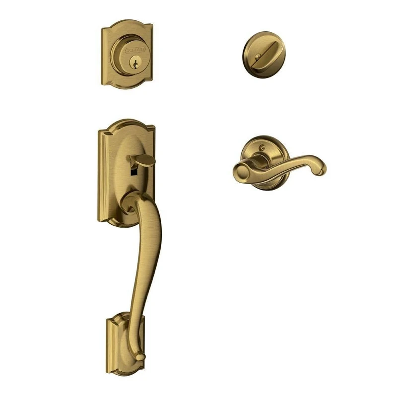 SCHLAGE Camelot Single Cylinder Handleset and Left Hand Flair Lever, Antique Brass (F60 CAM 609 FLA LH)