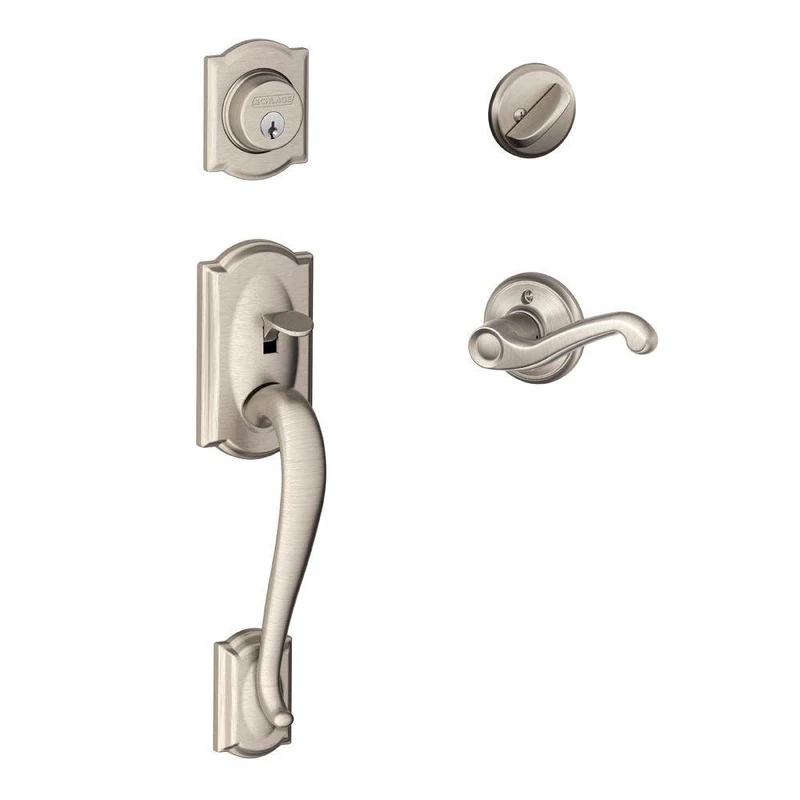SCHLAGE Camelot Single Cylinder Handleset and Left Hand Flair Lever, Satin Nickel (F60 CAM 619 FLA LH)