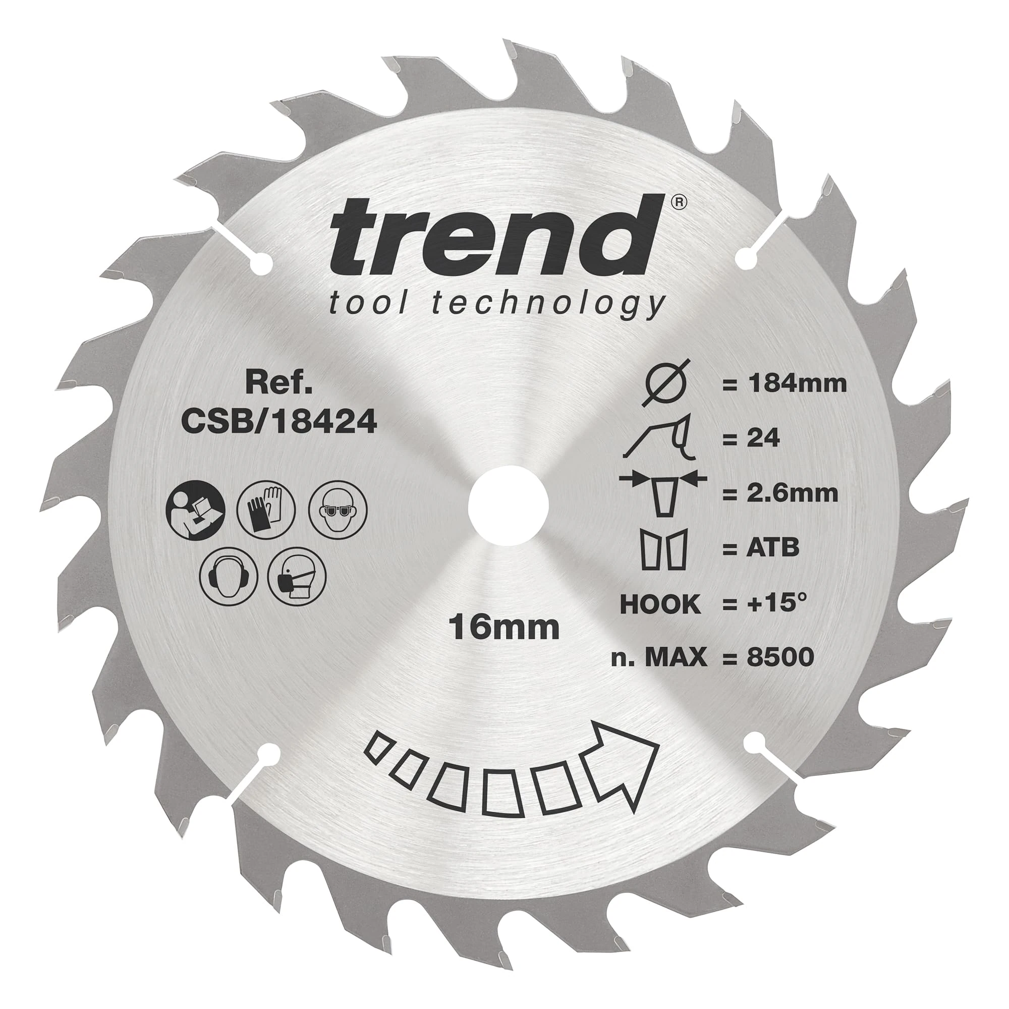 Trend Wood Circular Saw Blade, 184mm Diameter, 30mm Bore, 24 Teeth, 2.6mm Kerf, +15° Hook, TCT, Medium Finish, CSB/18424A