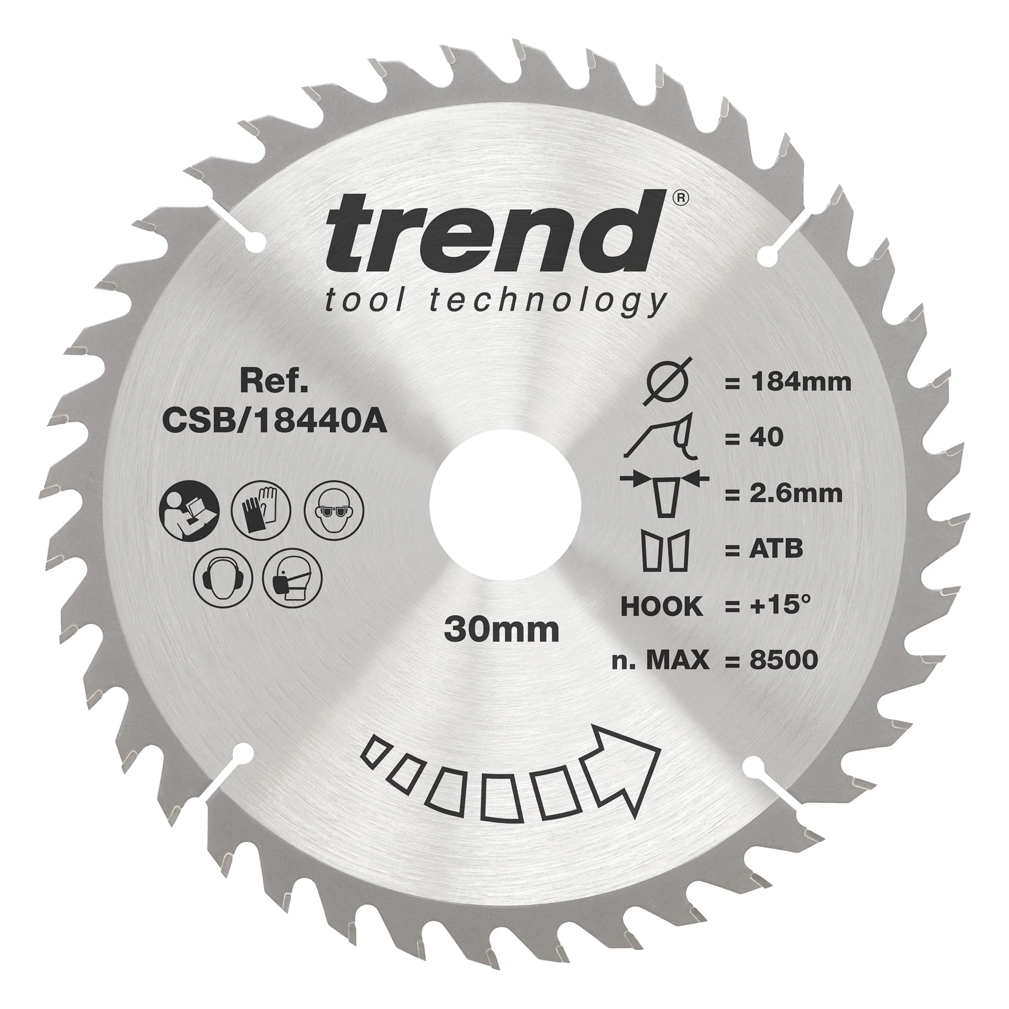 Trend Wood Circular Saw Blade, 184mm Diameter, 30mm Bore, 40 Teeth, 2.6mm Kerf, +15° Hook, TCT, Fine Finish, CSB/18440A