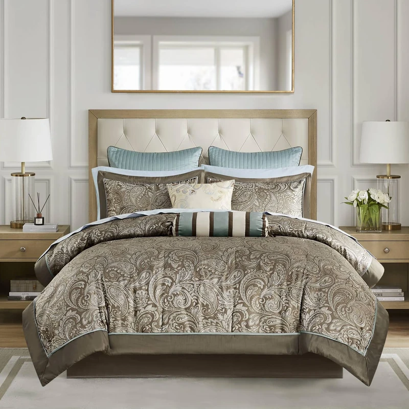 Madison Park Cozy Comforter Set, Faux Silk Jacquard Paisley Design, Polyester Charmeuse, Cotton, Blue Biab 12pcs, Queen