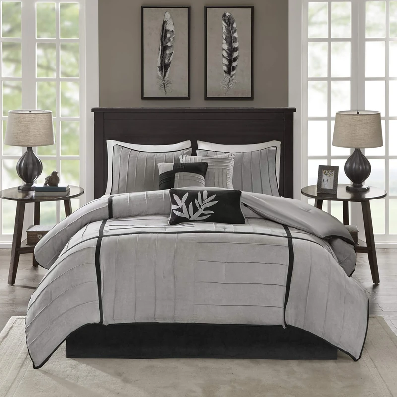 Madison Park All Season, Matching Bed Skirt, Decorative Pillows, Polyester/Polyfill, Dune Suede, Black Grey, King(104"x92")