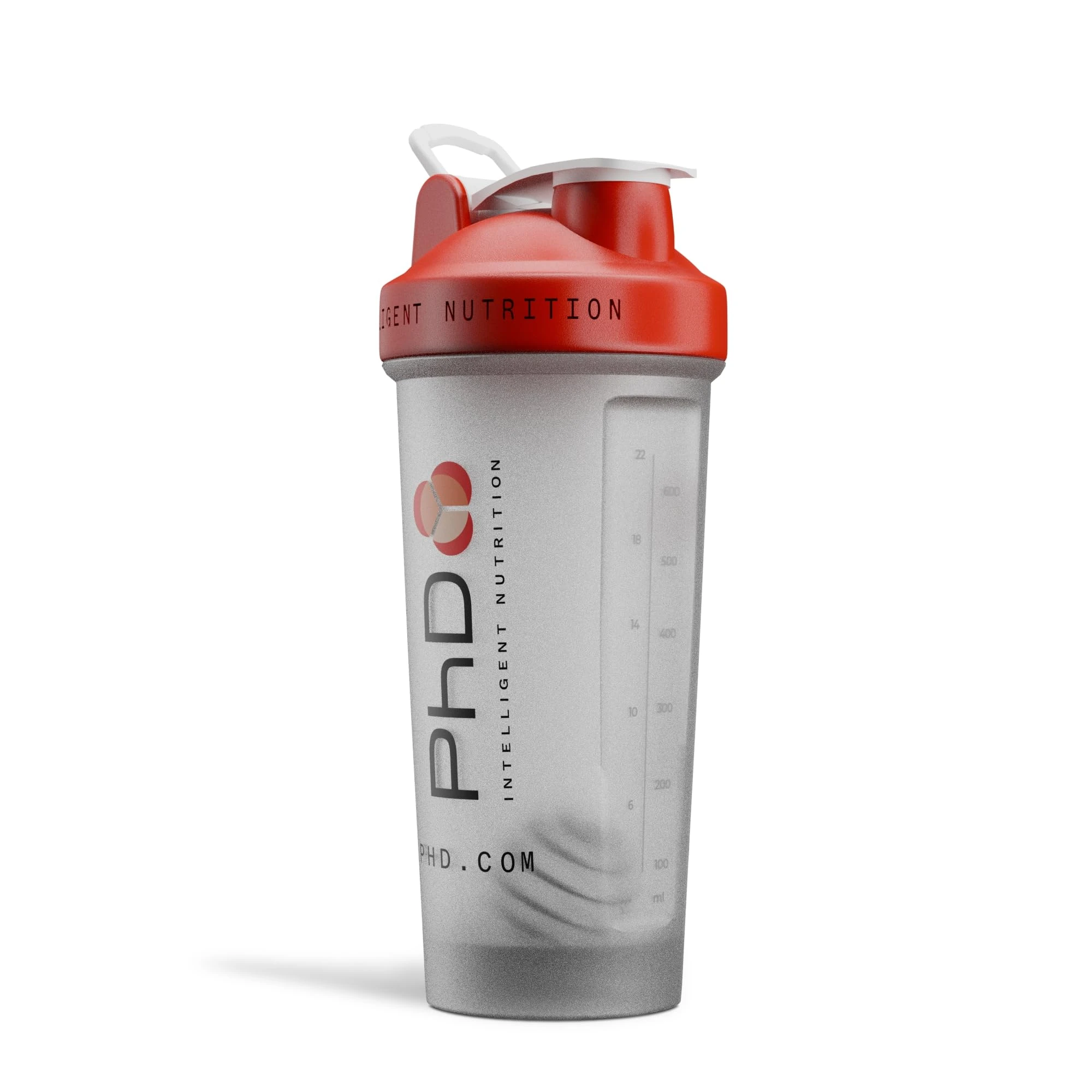 PhD Nutrition Mixball Shaker, Shaker for Protein Shakes, Wire Mixball Whisk, Red Non-Drip Screw Lid, Transparent Colour, 600 ml