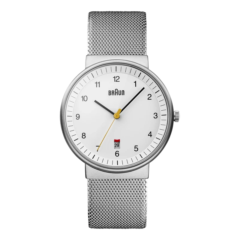 Braun Men's Quartz Three Hand Movement Watch with White Dial Analogue Display and Silver Mesh Bracelet BN0032WHSLMHG