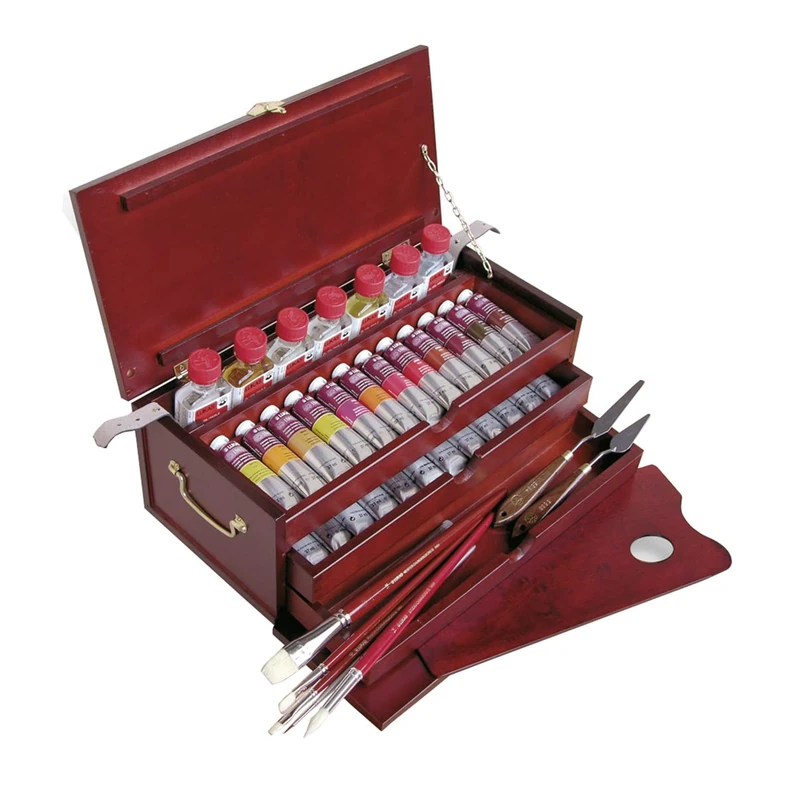 LUKAS 1862 Oil Beechwood Box, 27 x 37ml Paint, Assorted Colours, Mediums & Accessories Included, For Professional Artists