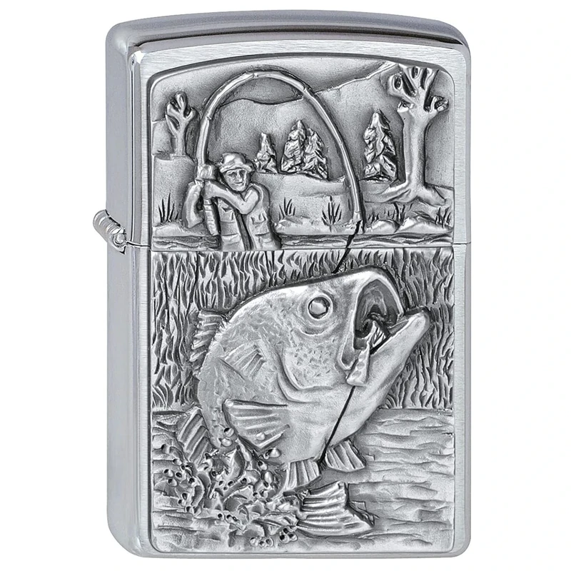 Zippo - Windproof Lighter, Bass Fishing, Brushed Chrome, Emblem, Refillable, Reusable, Windproof Design, Gift Box, Made in the USA