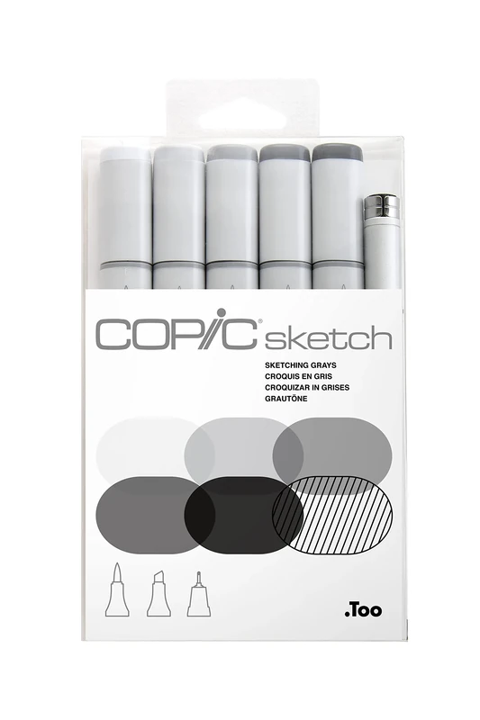 Copic Sketch Coloured Marker Pen - Set of 5 Greys + 1 Multiliner SP, For Art & Crafts, Colouring, Graphics, Highlighter, Design, Anime, Professional & Beginners, Art Supplies & Colouring Books