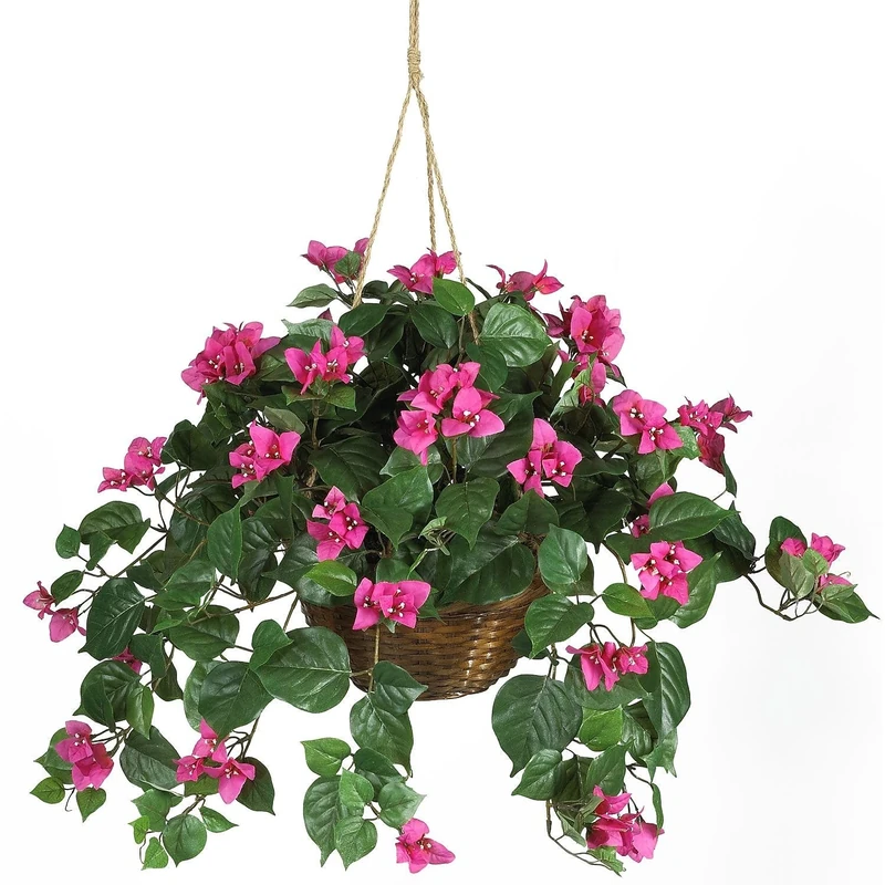 Nearly Natural Artificial Bougainvillea Hanging Flower Basket Faux Plant for Indoor Decoration with Brown Wicker Hanging Basket, 32" D x 32" W x 24" H