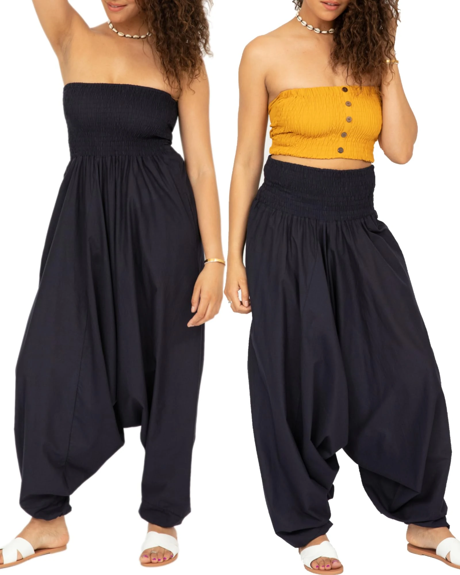 2 in 1 Cotton Maxi Harem Trouser Jumpsuit Midnight Blue(Size: One Size)