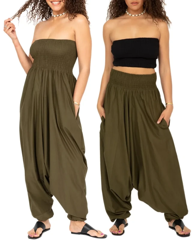likemary Jumpsuits for Women UK Converts into Harem Pants with Pockets - 2-in-1 Cotton Strapless Romper & Comfy Elasticated Waist Trousers - Olive Khaki Green Jumpsuit