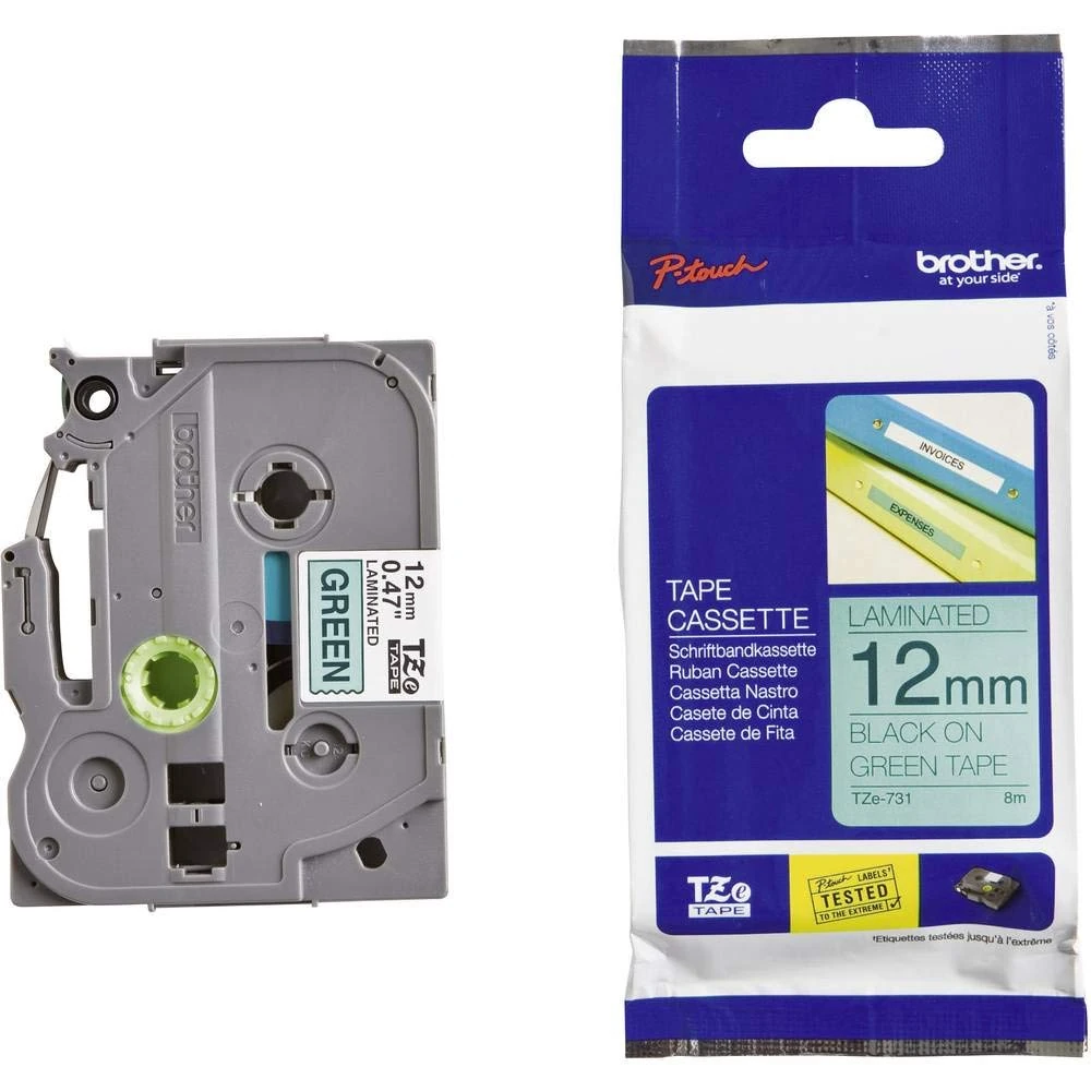 Brother TZe-731 Labelling Tape Cassette, Black on Green, 12 mm (W) x 8 m (L), Laminated, Brother Genuine Supplies