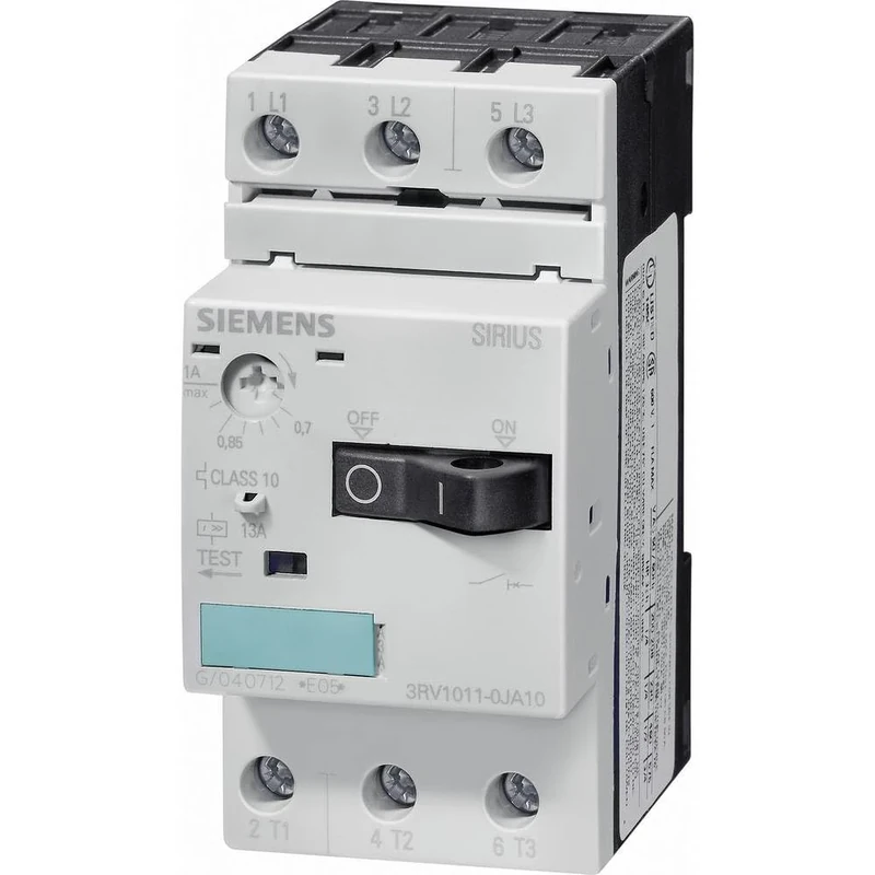 Siemens 3RV1011-1AA10 Circuit-Breaker Size S00, for Motor Protection, Class 10, A-REL.1.1...1.6A, N-REL. 21A, Screw Terminal, Standard Switching Capacity, White
