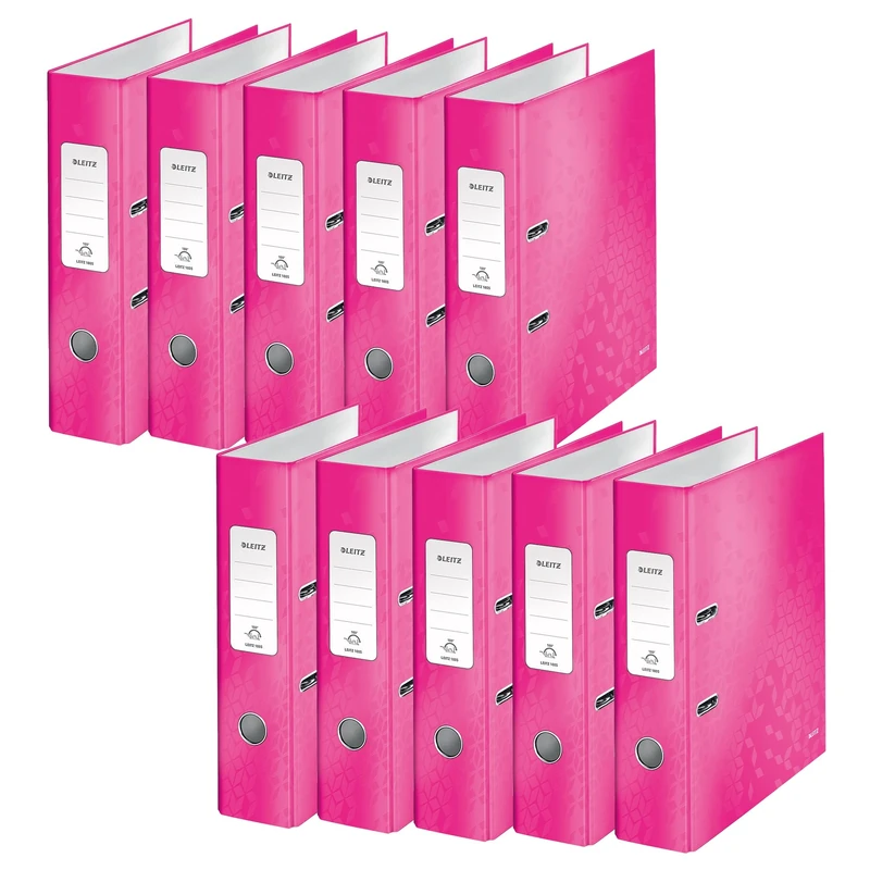 Leitz A4 Lever Arch File, Pink, 80 mm spine width, WOW Range, Files & Folders, 10052023, Pack 10, Design may vary