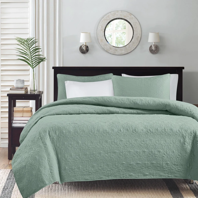 Madison Park Anti-Microbial, Cotton Filled Lightweight Coverlet Bedspread Bedding, Shams, Polyester, Seafoam, King/Lime King
