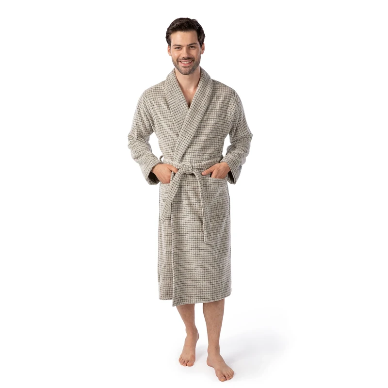 möve Eden shawl collar bathrobe with check structure velours in size XL made of 80% cotton / 20% linen, nature / black