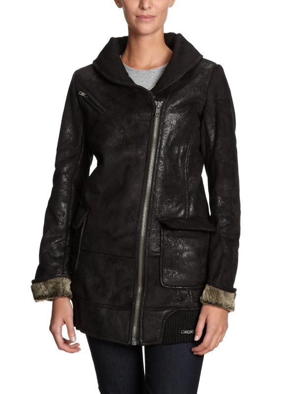 Desigual Women's Leather-Look Shawl Collar Jacket Black UK 12
