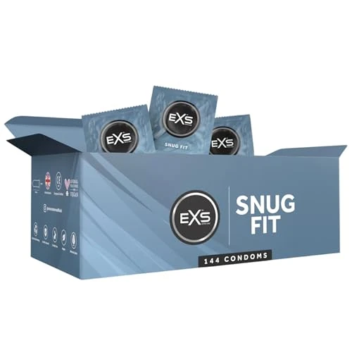 EXS Snug Fit Condoms (144 Pack) 49mm Width, Premium Latex with Non-Spermicidal Lube, Straight-Walled with Teat, PETA-Approved Vegan Condom, 3 Year Life - CE Marked NHS Approved Male Condoms