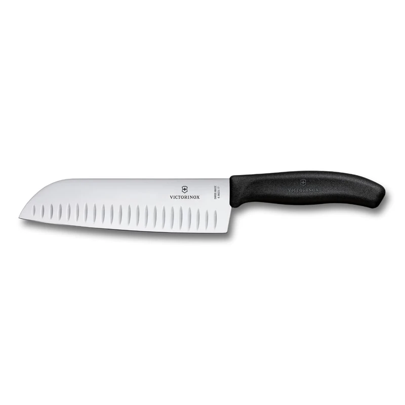 Victorinox Swiss Classic Santoku Knife, Asian-Style Knife, Extra-Sharp Blade, Bevelled Edge, 17 cm, Stainless Steel, Blister, Black
