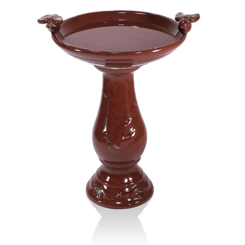 Alpine Corporation 61 cm Tall Outdoor Ceramic Antique Pedestal Birdbath with 2 Bird Figurines, Red - Image 1