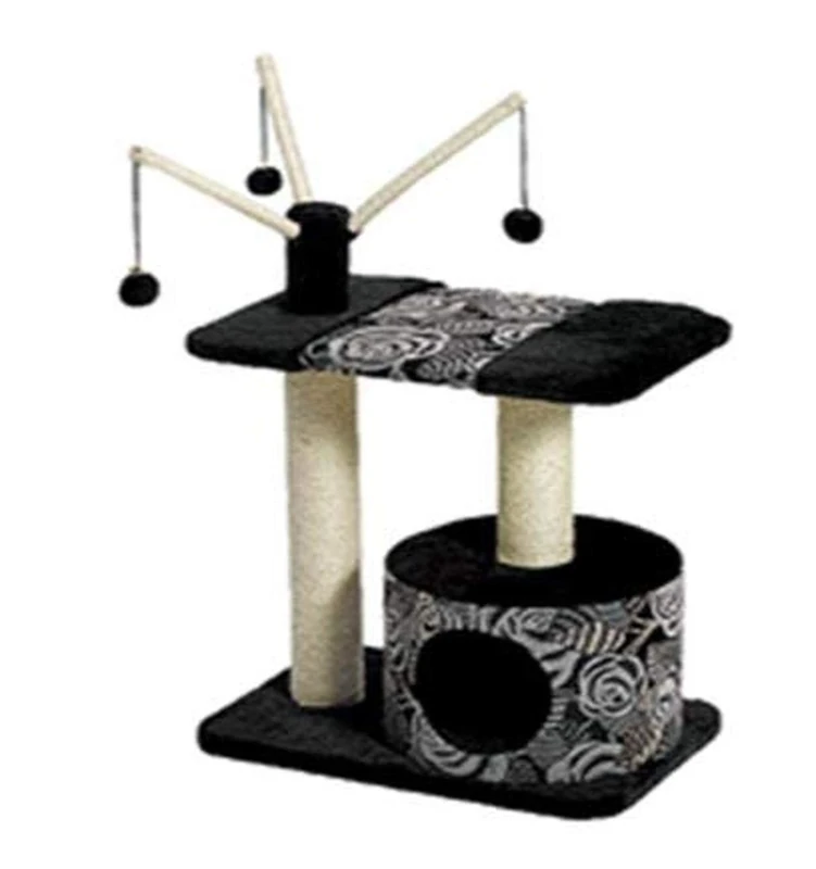 MidWest Homes for Pets Cat Tree, InchCarnival Inch Cat Furniture, 3-Tier Cat Activity Tree w/ Sisal Wrapped Support Scratching Posts and Dangle Play Balls, Black / White Floral, Medium Cat Tree