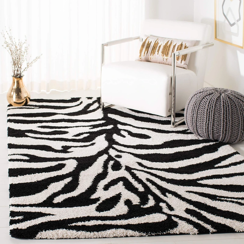 Safavieh Nottington Zebra Striped Shag Rug, Woven Polypropylene Carpet in Ivory / Black, 243 X 304 cm - Image 1