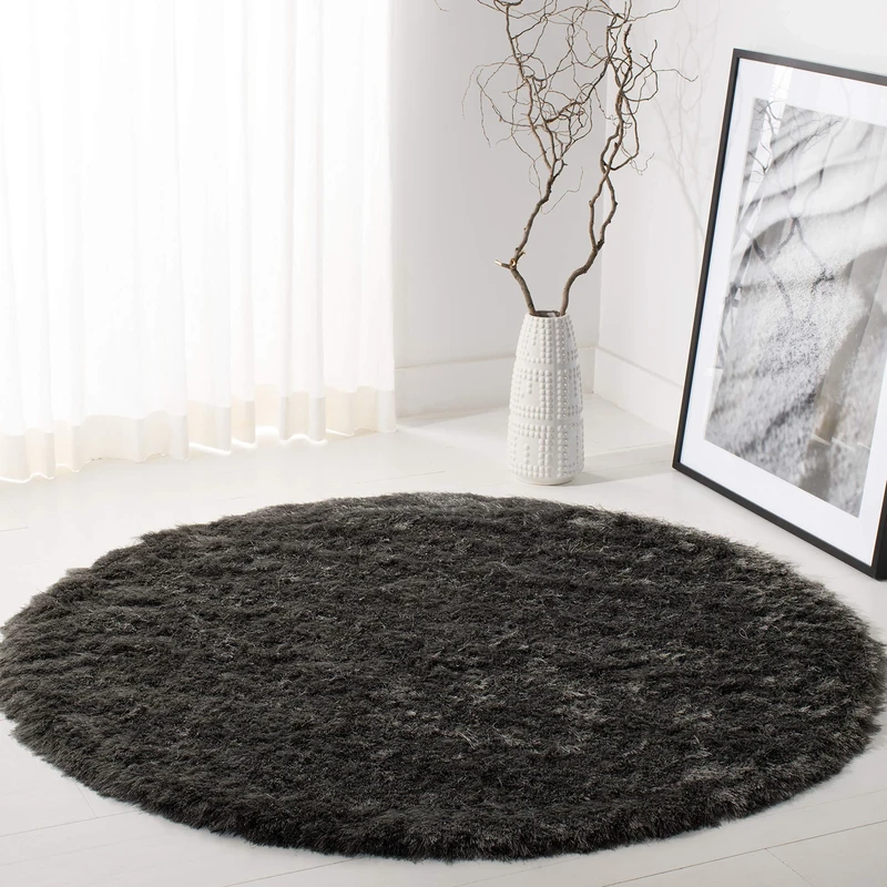 Safavieh Shaggy Indoor Woven Round Area Rug, Paris Shag Collection, SG511, in Titanium, 152 X 152 cm for Living Room, Bedroom or Any Indoor Space