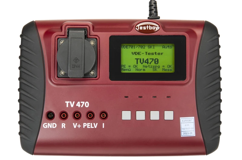 Testboy TV 470 VDE tester DIN 0701/0702/EN 62353, appliance tester (good/bad statement, help screen for each measurement, barcode reader, protocol software, DAkkS calibration certificate), red/black