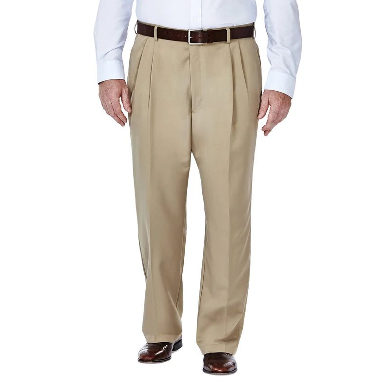 Haggar Men's Cool 18 Classic Fit Flat Front and Pleat Front Hidden Expandable Waistband Pant Big and Tall Sizes, Dark Taupe-Pleat, 58W x 30L