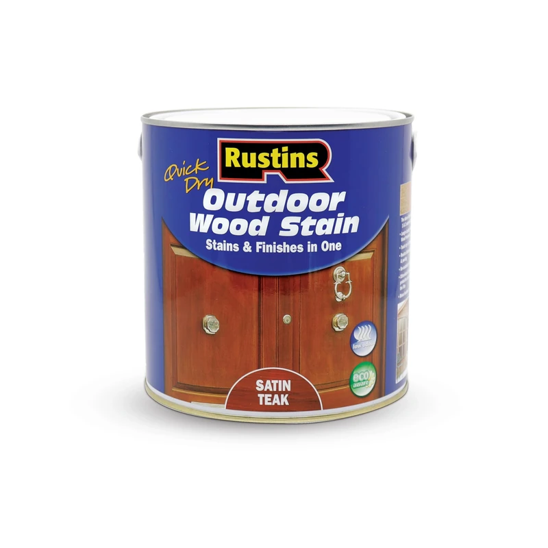 Rustins Quick Dry Outdoor Wood Stain Satin Teak 2.5ltr- Durable and Weather-Resistant Finish, Fast Drying, Vibrant Color for Decks, Fences, & Furniture, Available in Many Wood Shades