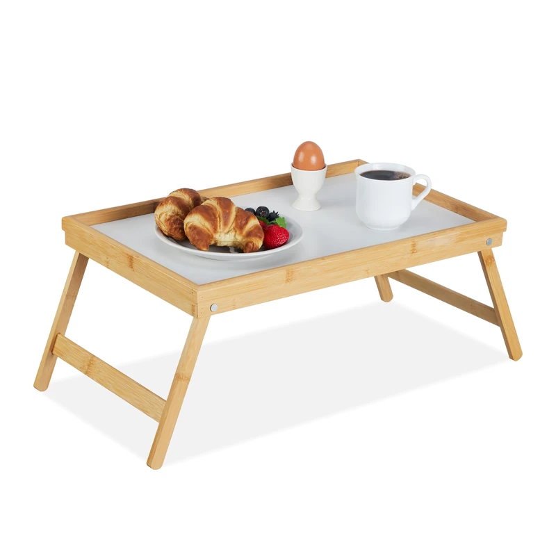 Relaxdays Bamboo Wooden Breakfast in Bed Tray, Serving Tray With Folding Legs w/ Plastic Surface, Natural Brown